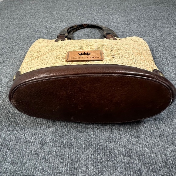 Elaine Turner Woven Straw Leather Handbag Brown Tortoise Handle - Picture 3 of 8